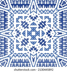 Portuguese ornamental azulejo ceramic. Vector seamless pattern collage. Universal design. Blue vintage backdrop for wallpaper, web background, towels, print, surface texture, pillows.