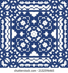 Portuguese ornamental azulejo ceramic. Vector seamless pattern frame. Geometric design. Blue vintage backdrop for wallpaper, web background, towels, print, surface texture, pillows.