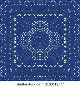 Portuguese ornamental azulejo ceramic. Vector seamless pattern frame. Geometric design. Blue vintage backdrop for wallpaper, web background, towels, print, surface texture, pillows.