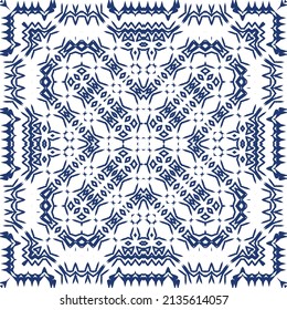 Portuguese ornamental azulejo ceramic. Vector seamless pattern collage. Universal design. Blue vintage backdrop for wallpaper, web background, towels, print, surface texture, pillows.