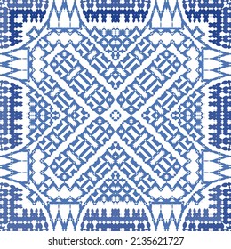 Portuguese ornamental azulejo ceramic. Vector seamless pattern collage. Universal design. Blue vintage backdrop for wallpaper, web background, towels, print, surface texture, pillows.