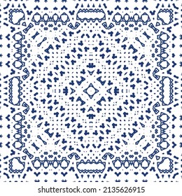 Portuguese ornamental azulejo ceramic. Vector seamless pattern collage. Universal design. Blue vintage backdrop for wallpaper, web background, towels, print, surface texture, pillows.