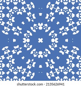 Portuguese ornamental azulejo ceramic. Vector seamless pattern flyer. Minimal design. Blue vintage backdrop for wallpaper, web background, towels, print, surface texture, pillows.