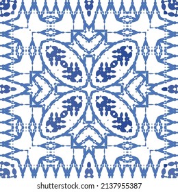 Portuguese ornamental azulejo ceramic. Vector seamless pattern collage. Universal design. Blue vintage backdrop for wallpaper, web background, towels, print, surface texture, pillows.