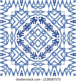 Portuguese ornamental azulejo ceramic. Vector seamless pattern collage. Universal design. Blue vintage backdrop for wallpaper, web background, towels, print, surface texture, pillows.
