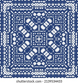 Portuguese ornamental azulejo ceramic. Vector seamless pattern frame. Geometric design. Blue vintage backdrop for wallpaper, web background, towels, print, surface texture, pillows.