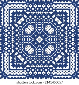 Portuguese ornamental azulejo ceramic. Vector seamless pattern frame. Geometric design. Blue vintage backdrop for wallpaper, web background, towels, print, surface texture, pillows.