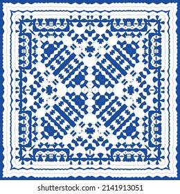 Portuguese ornamental azulejo ceramic. Vector seamless pattern flyer. Minimal design. Blue vintage backdrop for wallpaper, web background, towels, print, surface texture, pillows.