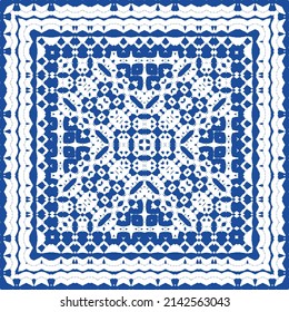 Portuguese ornamental azulejo ceramic. Vector seamless pattern flyer. Minimal design. Blue vintage backdrop for wallpaper, web background, towels, print, surface texture, pillows.