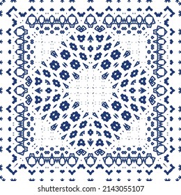 Portuguese ornamental azulejo ceramic. Vector seamless pattern collage. Universal design. Blue vintage backdrop for wallpaper, web background, towels, print, surface texture, pillows.