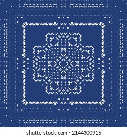 Portuguese ornamental azulejo ceramic. Vector seamless pattern frame. Geometric design. Blue vintage backdrop for wallpaper, web background, towels, print, surface texture, pillows.