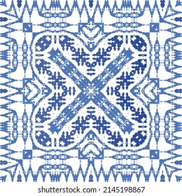 Portuguese ornamental azulejo ceramic. Vector seamless pattern collage. Universal design. Blue vintage backdrop for wallpaper, web background, towels, print, surface texture, pillows.