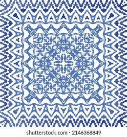 Portuguese ornamental azulejo ceramic. Vector seamless pattern collage. Universal design. Blue vintage backdrop for wallpaper, web background, towels, print, surface texture, pillows.