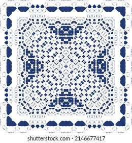 Portuguese ornamental azulejo ceramic. Vector seamless pattern frame. Geometric design. Blue vintage backdrop for wallpaper, web background, towels, print, surface texture, pillows.