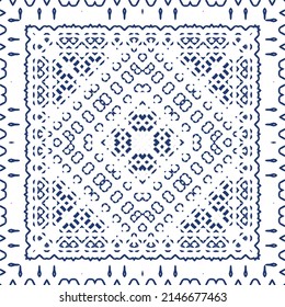 Portuguese ornamental azulejo ceramic. Vector seamless pattern collage. Universal design. Blue vintage backdrop for wallpaper, web background, towels, print, surface texture, pillows.