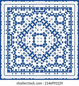 Portuguese ornamental azulejo ceramic. Vector seamless pattern flyer. Minimal design. Blue vintage backdrop for wallpaper, web background, towels, print, surface texture, pillows.