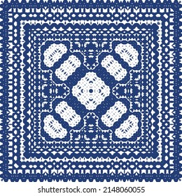 Portuguese ornamental azulejo ceramic. Vector seamless pattern frame. Geometric design. Blue vintage backdrop for wallpaper, web background, towels, print, surface texture, pillows.