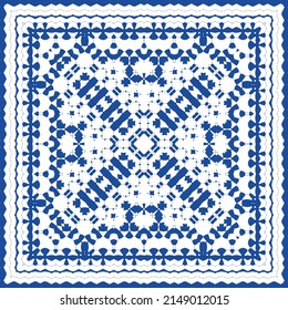 Portuguese ornamental azulejo ceramic. Vector seamless pattern flyer. Minimal design. Blue vintage backdrop for wallpaper, web background, towels, print, surface texture, pillows.