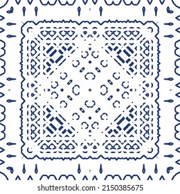 Portuguese ornamental azulejo ceramic. Vector seamless pattern collage. Universal design. Blue vintage backdrop for wallpaper, web background, towels, print, surface texture, pillows.