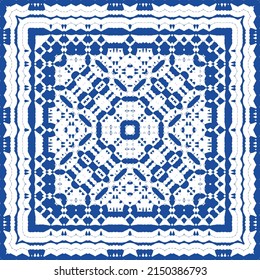 Portuguese ornamental azulejo ceramic. Vector seamless pattern flyer. Minimal design. Blue vintage backdrop for wallpaper, web background, towels, print, surface texture, pillows.