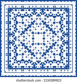 Portuguese ornamental azulejo ceramic. Vector seamless pattern flyer. Minimal design. Blue vintage backdrop for wallpaper, web background, towels, print, surface texture, pillows.