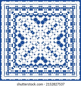 Portuguese ornamental azulejo ceramic. Vector seamless pattern flyer. Minimal design. Blue vintage backdrop for wallpaper, web background, towels, print, surface texture, pillows.