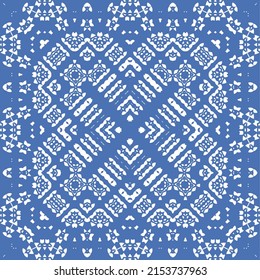 Portuguese ornamental azulejo ceramic. Vector seamless pattern flyer. Minimal design. Blue vintage backdrop for wallpaper, web background, towels, print, surface texture, pillows.