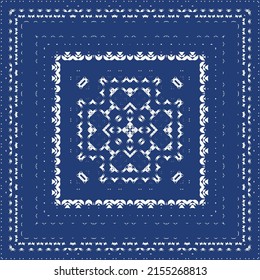 Portuguese ornamental azulejo ceramic. Vector seamless pattern frame. Geometric design. Blue vintage backdrop for wallpaper, web background, towels, print, surface texture, pillows.