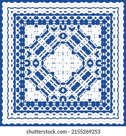 Portuguese ornamental azulejo ceramic. Vector seamless pattern flyer. Minimal design. Blue vintage backdrop for wallpaper, web background, towels, print, surface texture, pillows.