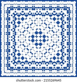 Portuguese ornamental azulejo ceramic. Vector seamless pattern flyer. Minimal design. Blue vintage backdrop for wallpaper, web background, towels, print, surface texture, pillows.