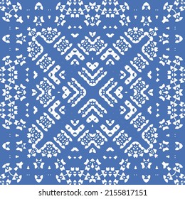 Portuguese ornamental azulejo ceramic. Vector seamless pattern flyer. Minimal design. Blue vintage backdrop for wallpaper, web background, towels, print, surface texture, pillows.