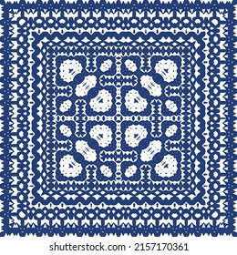 Portuguese ornamental azulejo ceramic. Vector seamless pattern frame. Geometric design. Blue vintage backdrop for wallpaper, web background, towels, print, surface texture, pillows.