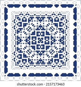 Portuguese ornamental azulejo ceramic. Vector seamless pattern frame. Geometric design. Blue vintage backdrop for wallpaper, web background, towels, print, surface texture, pillows.