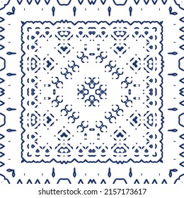 Portuguese ornamental azulejo ceramic. Vector seamless pattern collage. Universal design. Blue vintage backdrop for wallpaper, web background, towels, print, surface texture, pillows.