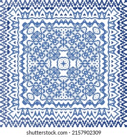 Portuguese ornamental azulejo ceramic. Vector seamless pattern collage. Universal design. Blue vintage backdrop for wallpaper, web background, towels, print, surface texture, pillows.