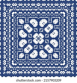 Portuguese ornamental azulejo ceramic. Vector seamless pattern frame. Geometric design. Blue vintage backdrop for wallpaper, web background, towels, print, surface texture, pillows.