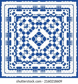 Portuguese ornamental azulejo ceramic. Vector seamless pattern flyer. Minimal design. Blue vintage backdrop for wallpaper, web background, towels, print, surface texture, pillows.