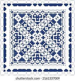 Portuguese ornamental azulejo ceramic. Vector seamless pattern frame. Geometric design. Blue vintage backdrop for wallpaper, web background, towels, print, surface texture, pillows.
