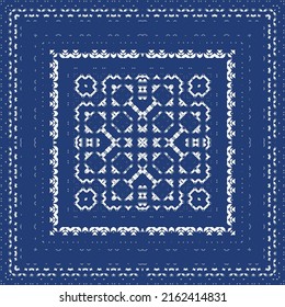 Portuguese ornamental azulejo ceramic. Vector seamless pattern frame. Geometric design. Blue vintage backdrop for wallpaper, web background, towels, print, surface texture, pillows.