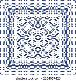 Portuguese ornamental azulejo ceramic. Vector seamless pattern collage. Universal design. Blue vintage backdrop for wallpaper, web background, towels, print, surface texture, pillows.
