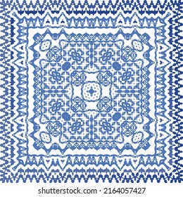 Portuguese ornamental azulejo ceramic. Vector seamless pattern collage. Universal design. Blue vintage backdrop for wallpaper, web background, towels, print, surface texture, pillows.