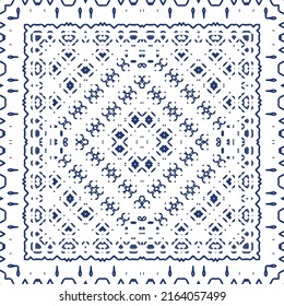 Portuguese ornamental azulejo ceramic. Vector seamless pattern collage. Universal design. Blue vintage backdrop for wallpaper, web background, towels, print, surface texture, pillows.