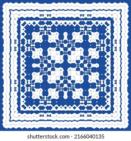 Portuguese ornamental azulejo ceramic. Vector seamless pattern flyer. Minimal design. Blue vintage backdrop for wallpaper, web background, towels, print, surface texture, pillows.