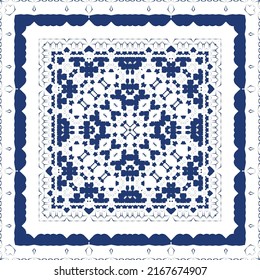 Portuguese ornamental azulejo ceramic. Vector seamless pattern frame. Geometric design. Blue vintage backdrop for wallpaper, web background, towels, print, surface texture, pillows.