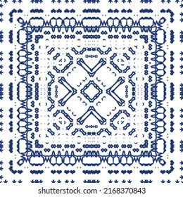 Portuguese ornamental azulejo ceramic. Vector seamless pattern collage. Universal design. Blue vintage backdrop for wallpaper, web background, towels, print, surface texture, pillows.