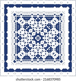 Portuguese ornamental azulejo ceramic. Vector seamless pattern frame. Geometric design. Blue vintage backdrop for wallpaper, web background, towels, print, surface texture, pillows.