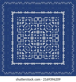 Portuguese ornamental azulejo ceramic. Vector seamless pattern frame. Geometric design. Blue vintage backdrop for wallpaper, web background, towels, print, surface texture, pillows.