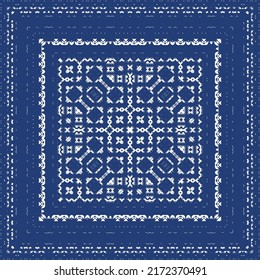 Portuguese ornamental azulejo ceramic. Vector seamless pattern frame. Geometric design. Blue vintage backdrop for wallpaper, web background, towels, print, surface texture, pillows.