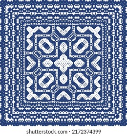 Portuguese ornamental azulejo ceramic. Vector seamless pattern frame. Geometric design. Blue vintage backdrop for wallpaper, web background, towels, print, surface texture, pillows.