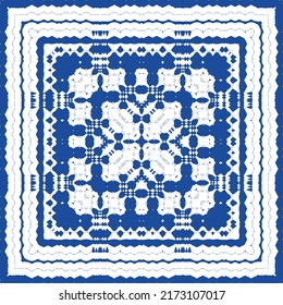 Portuguese ornamental azulejo ceramic. Vector seamless pattern flyer. Minimal design. Blue vintage backdrop for wallpaper, web background, towels, print, surface texture, pillows.